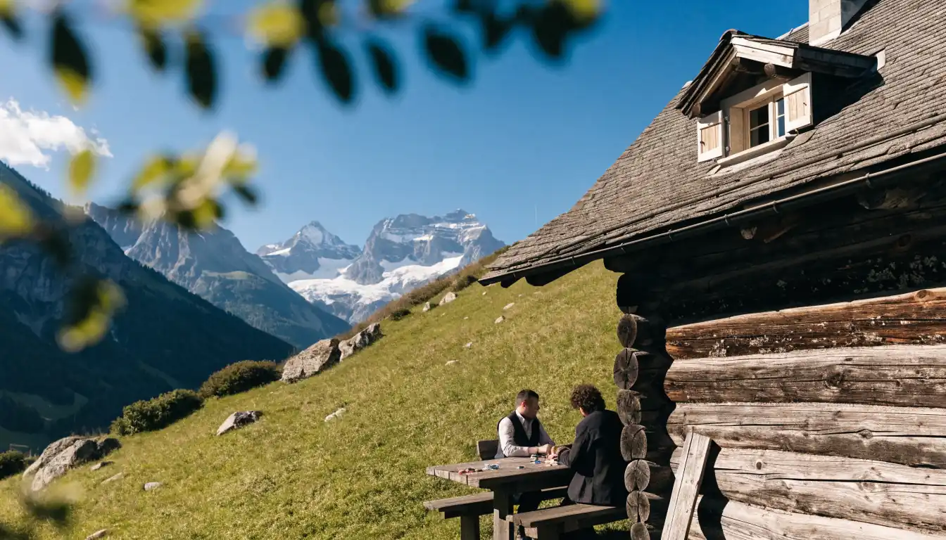 Schweizer Alpenlandschaft mit Kasino-Accessoires im Sonnenlicht