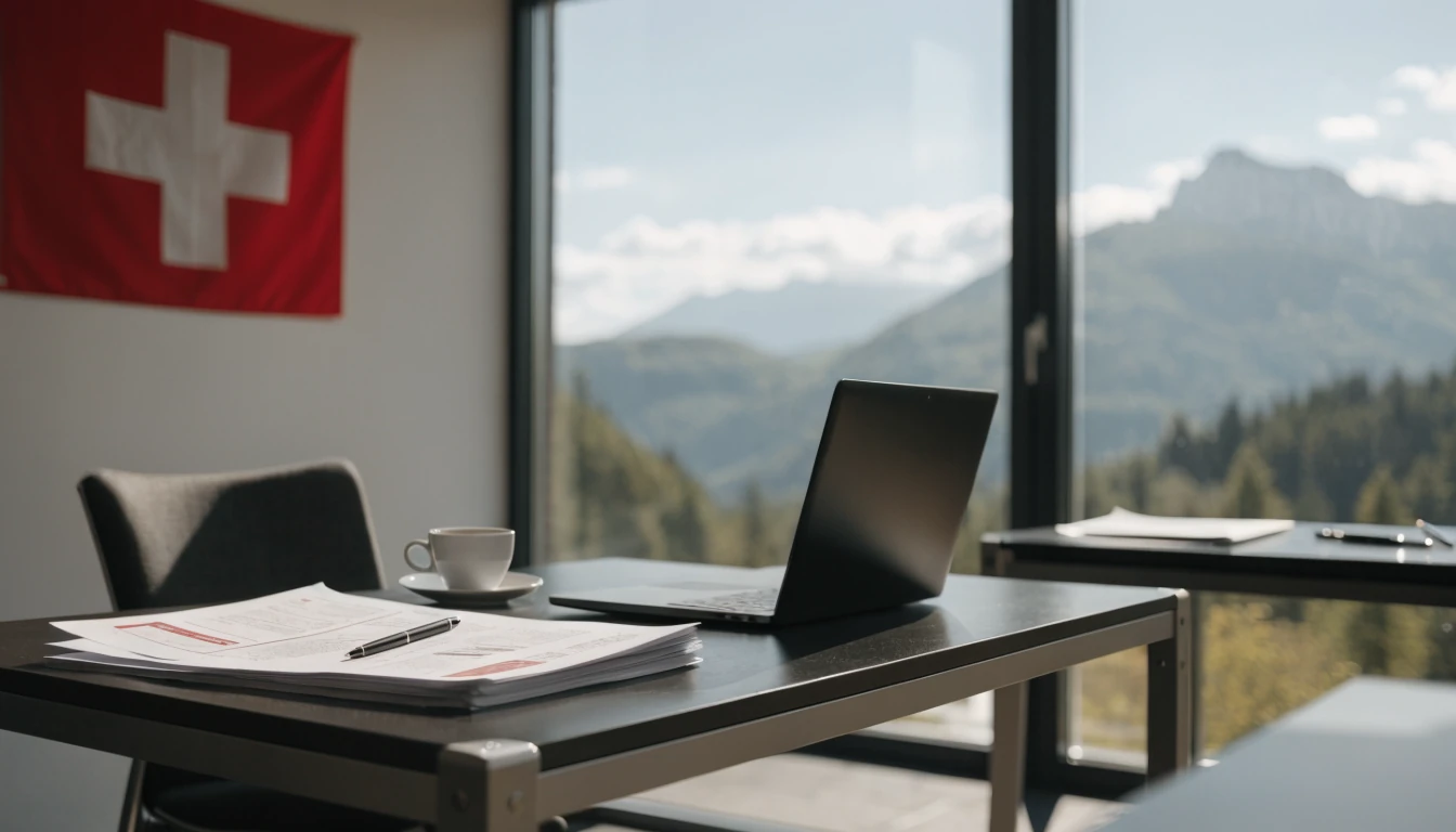 Schweizer Büro mit Flagge, Dokumenten und Laptop für rechtliche Online‑Casino‑Infos