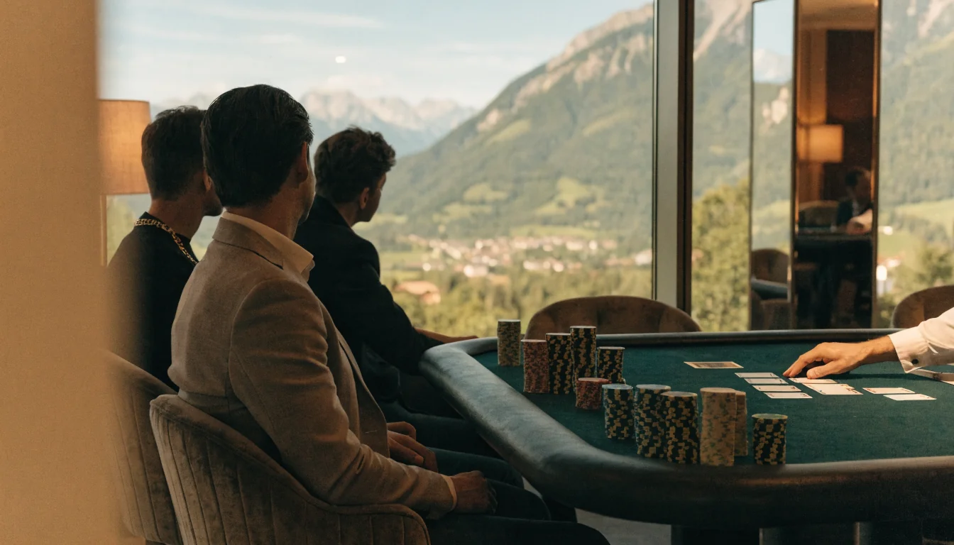 Schweizer Casino Lounge mit Live-Blackjack Tisch, Alpenblick, weiches Licht.