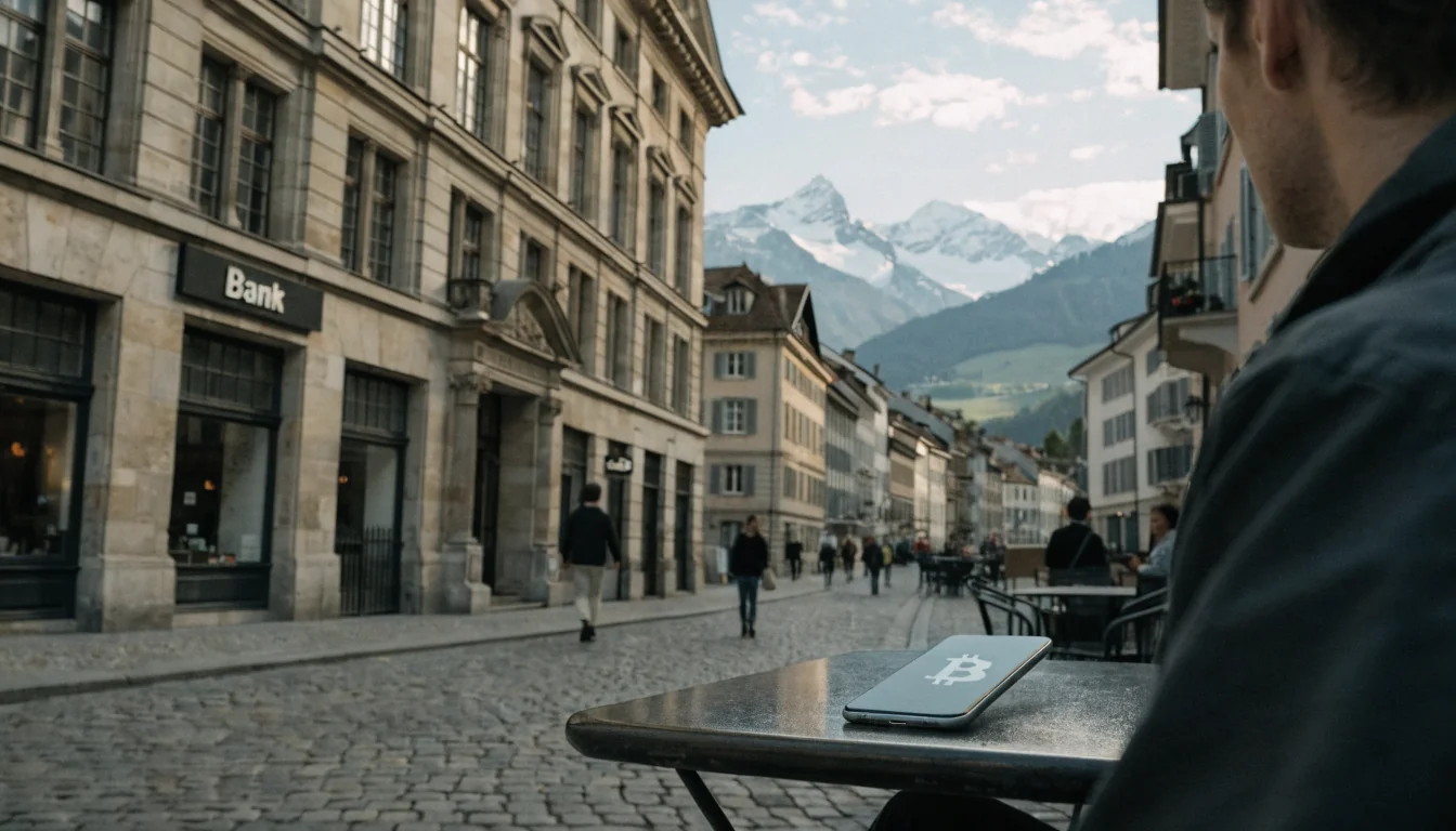 Schweizer Stadtstraße mit Smartphone, Bitcoin‑Symbol, Alpen im Hintergrund