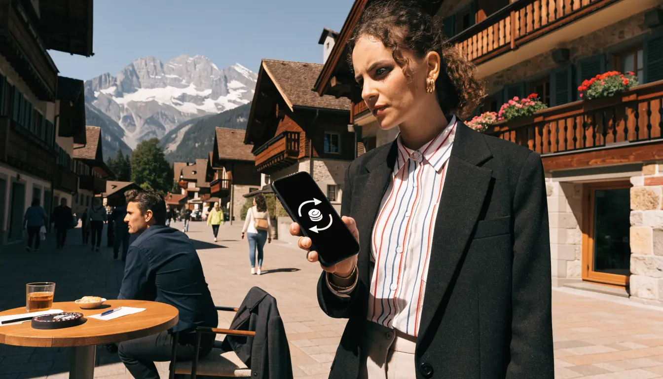 Junge Frau mit Smartphone und Casinofiche in Schweizer Alpenstadt