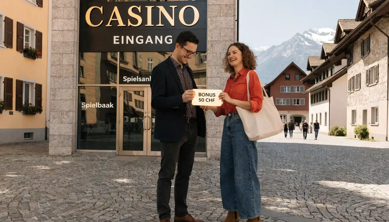 Casino-Eingang in Schweizer Alpenstadt mit glücklichem Paar und Bonus-Gutschein
