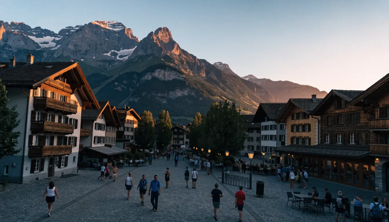 Panoramablick auf Schweizer Alpenstadt mit Casino im Hintergrund