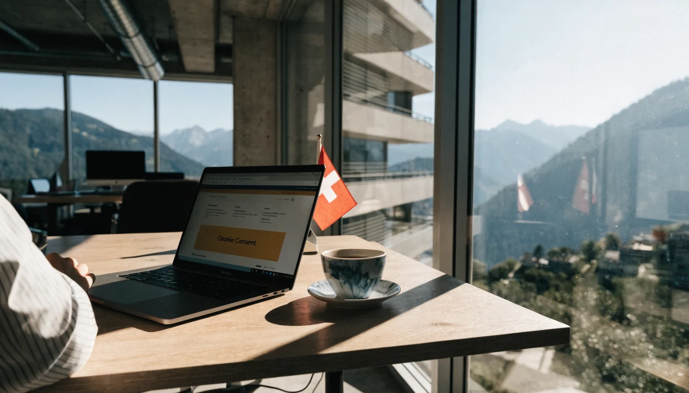 Schweizer Büro mit Alpenblick und Cookie‑Hinweis