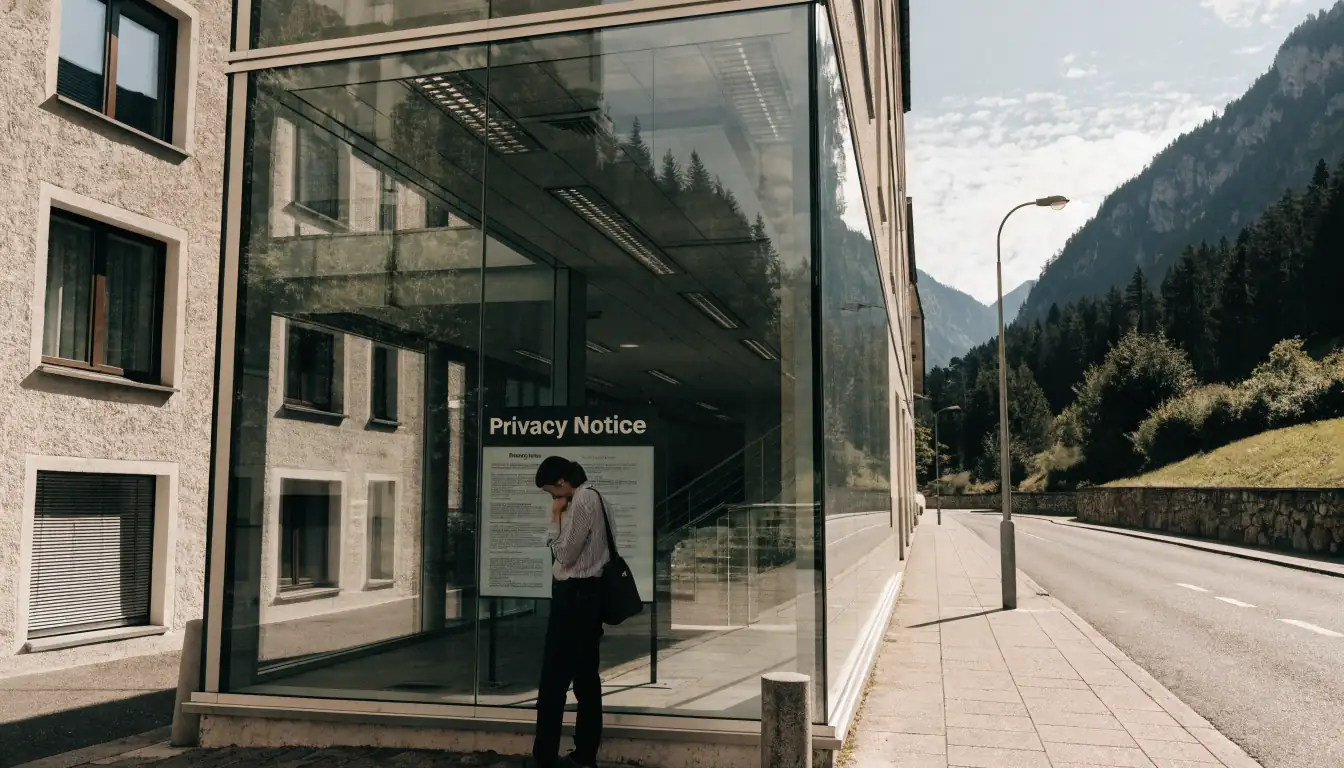 Alpiner Straßenabschnitt mit modernem Büro und Datenschutzhinweis.