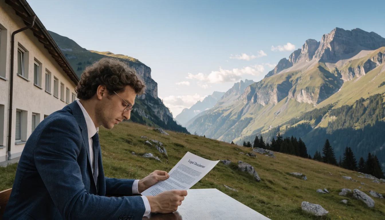 Beruhigende Schweizer Alpenlandschaft mit einer Person, die ein Rechtsdokument liest