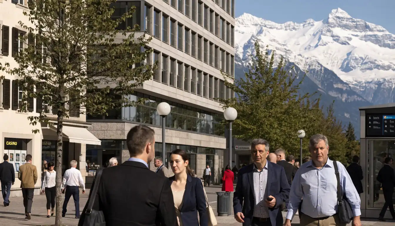 Schweizer Platz vor modernem Gebäude mit Andeutung eines regulierten Online‑Casinos