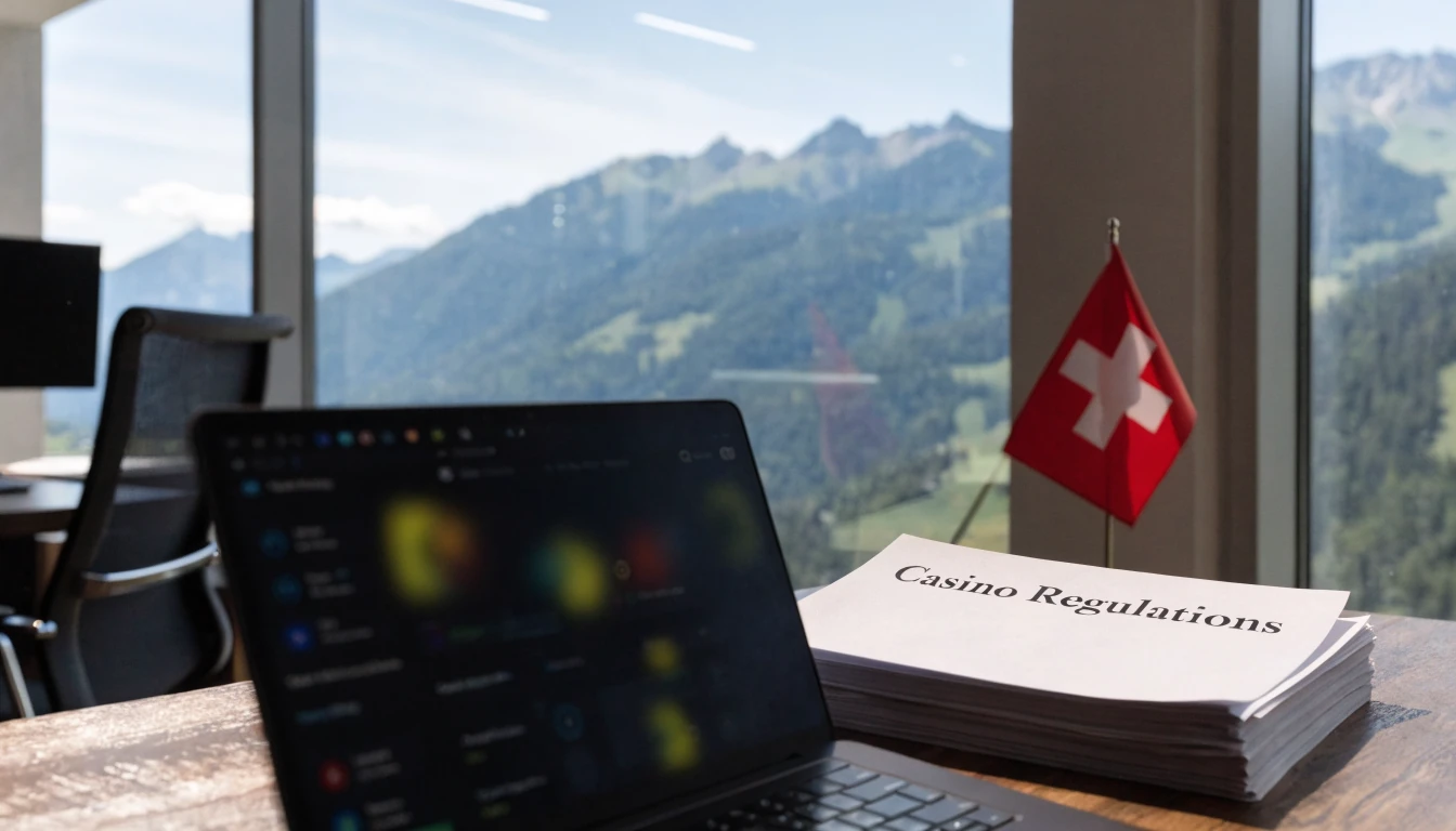 Schweizer Büro mit Alpenblick, Laptop und Gesetzesdokumenten