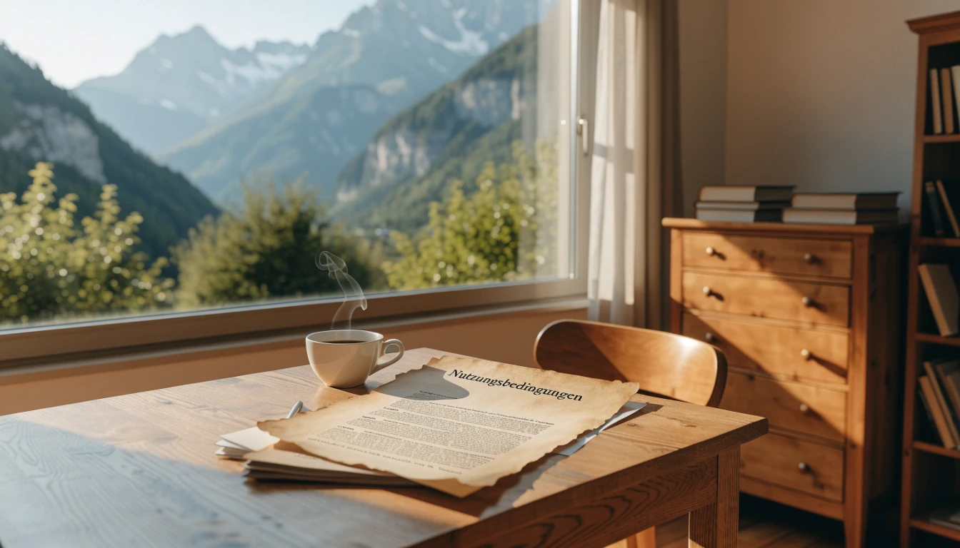 Schweizer Büro mit Dokumenten und Alpenblick