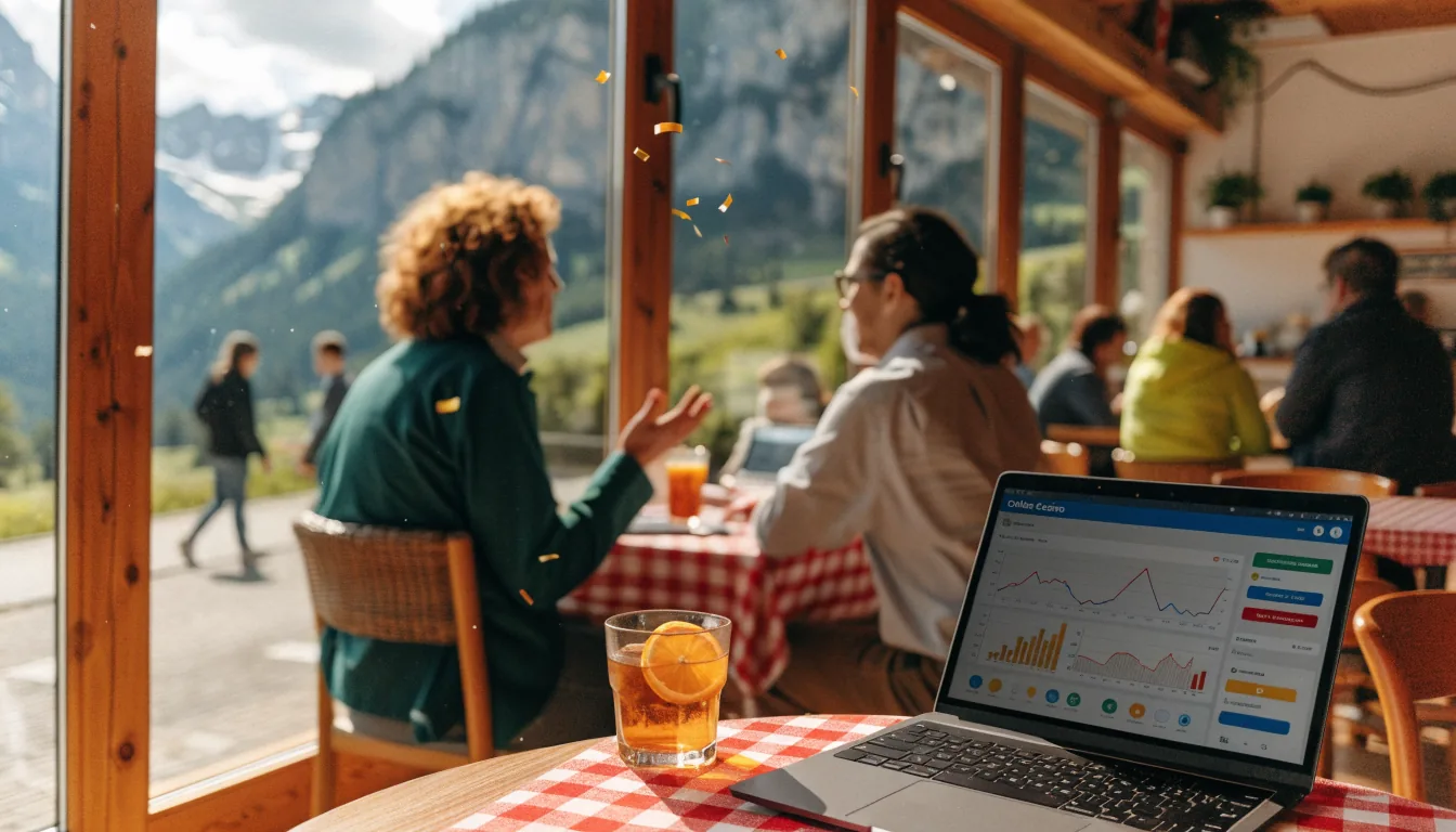 Modernes Schweizer Café mit Laptop und Goldkonfetti