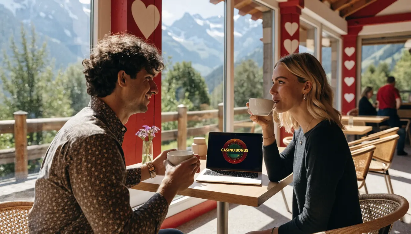 Junges Paar in Schweizer Café mit Laptop und Bonusgrafik