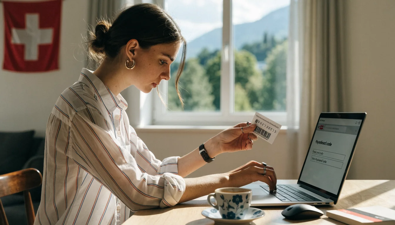 Junge Frau gibt Paysafecard-Code auf Laptop in Schweizer Wohnung ein