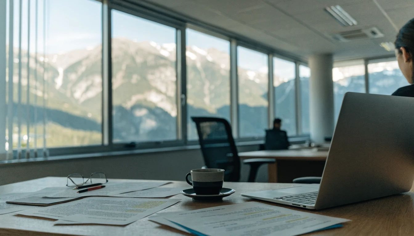 Modernes Schweizer Büro mit Alpenblick und Arbeitsmaterialien