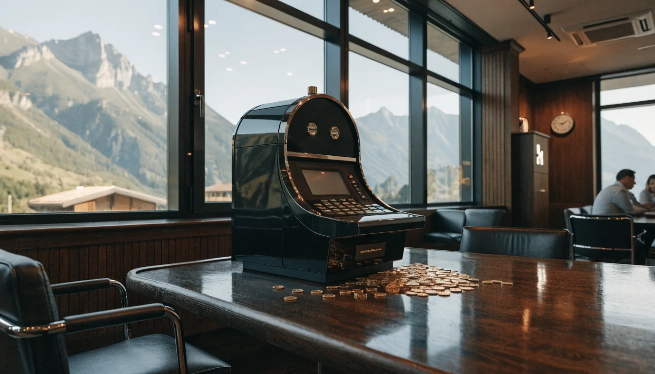 Modernes Schweizer Casino mit Slotmaschine und Alpenblick