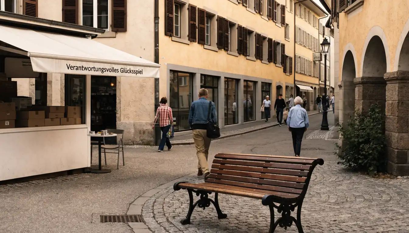 Schweizer Platz mit Spielkarten und Chipstisch, Hinweis auf verantwortungsvolles Spielen.